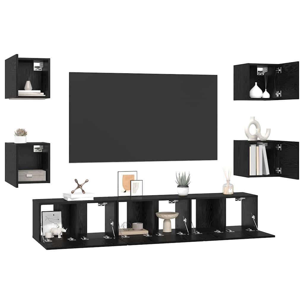 TV Cabinet Set Wall-mounted 7 pcs Black Oak Engineered Wood