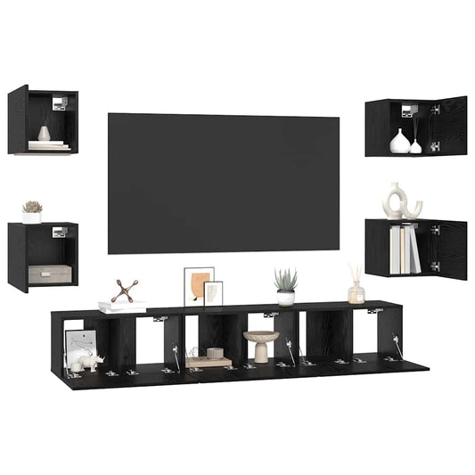 TV Cabinet Set Wall-mounted 7 pcs Black Oak Engineered Wood