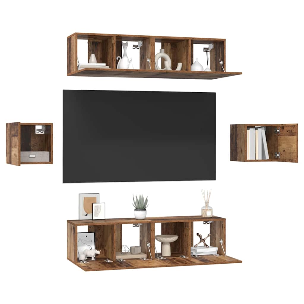 TV Cabinet Set Wall-mounted 6 pcs Old Wood Engineered Wood