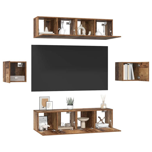 TV Cabinet Set Wall-mounted 6 pcs Old Wood Engineered Wood
