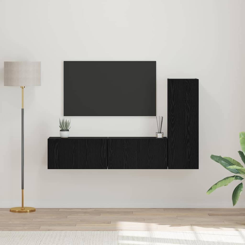 TV Cabinet Set Wall-mounted 3 pcs Black Oak Engineered Wood