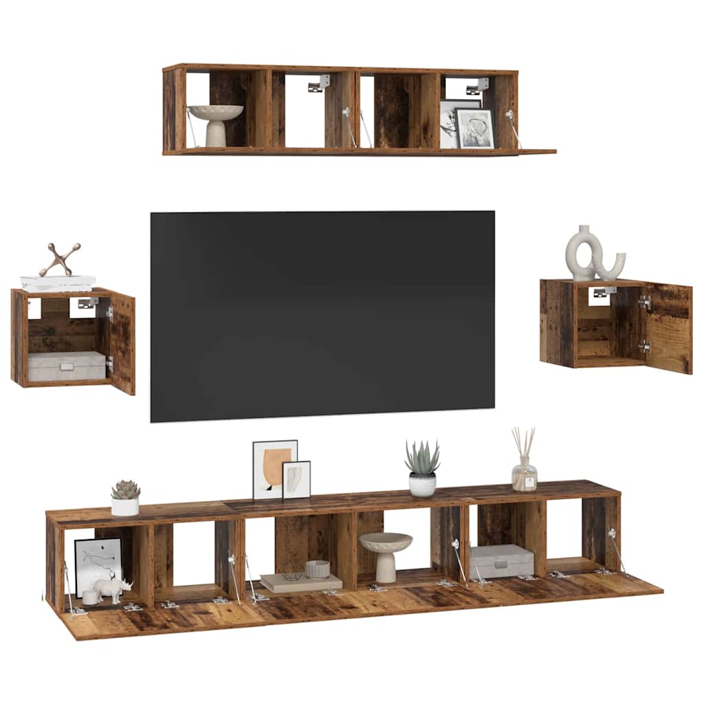 TV Cabinet Set Wall-mounted 7 pcs Old Wood Engineered Wood