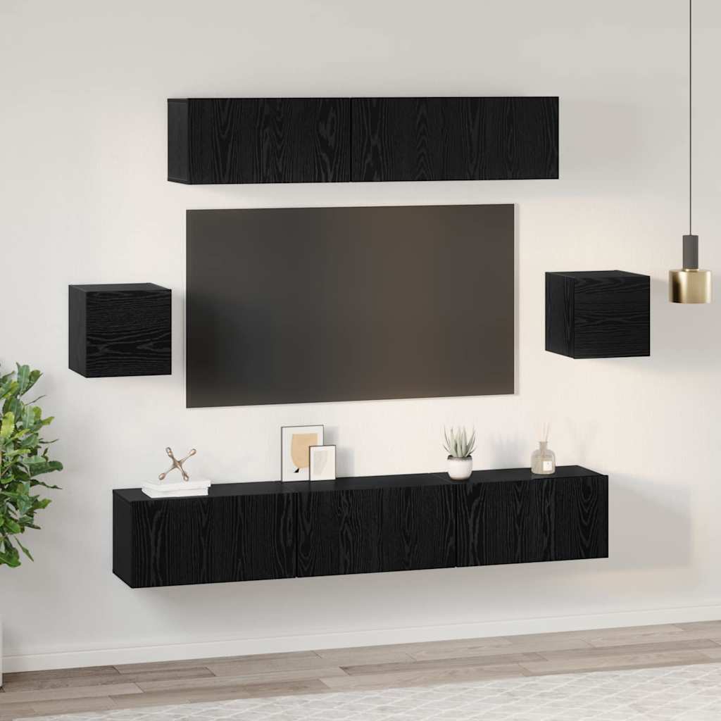 TV Cabinet Set Wall-mounted 7 pcs Black Oak Engineered Wood