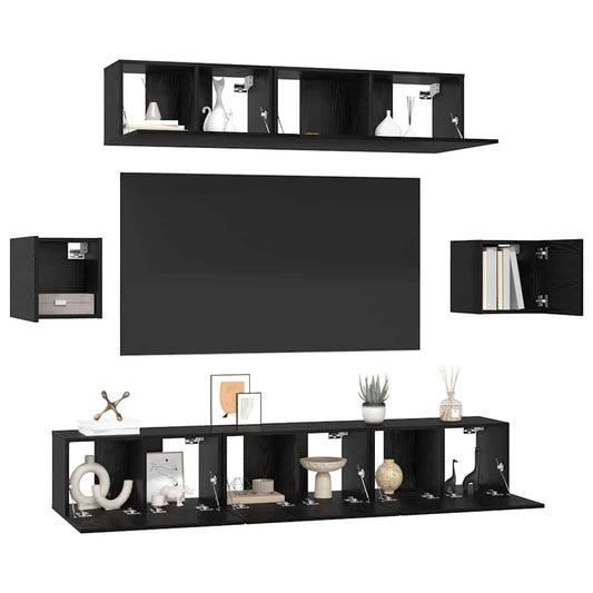 TV Cabinet Set Wall-mounted 7 pcs Black Oak Engineered Wood
