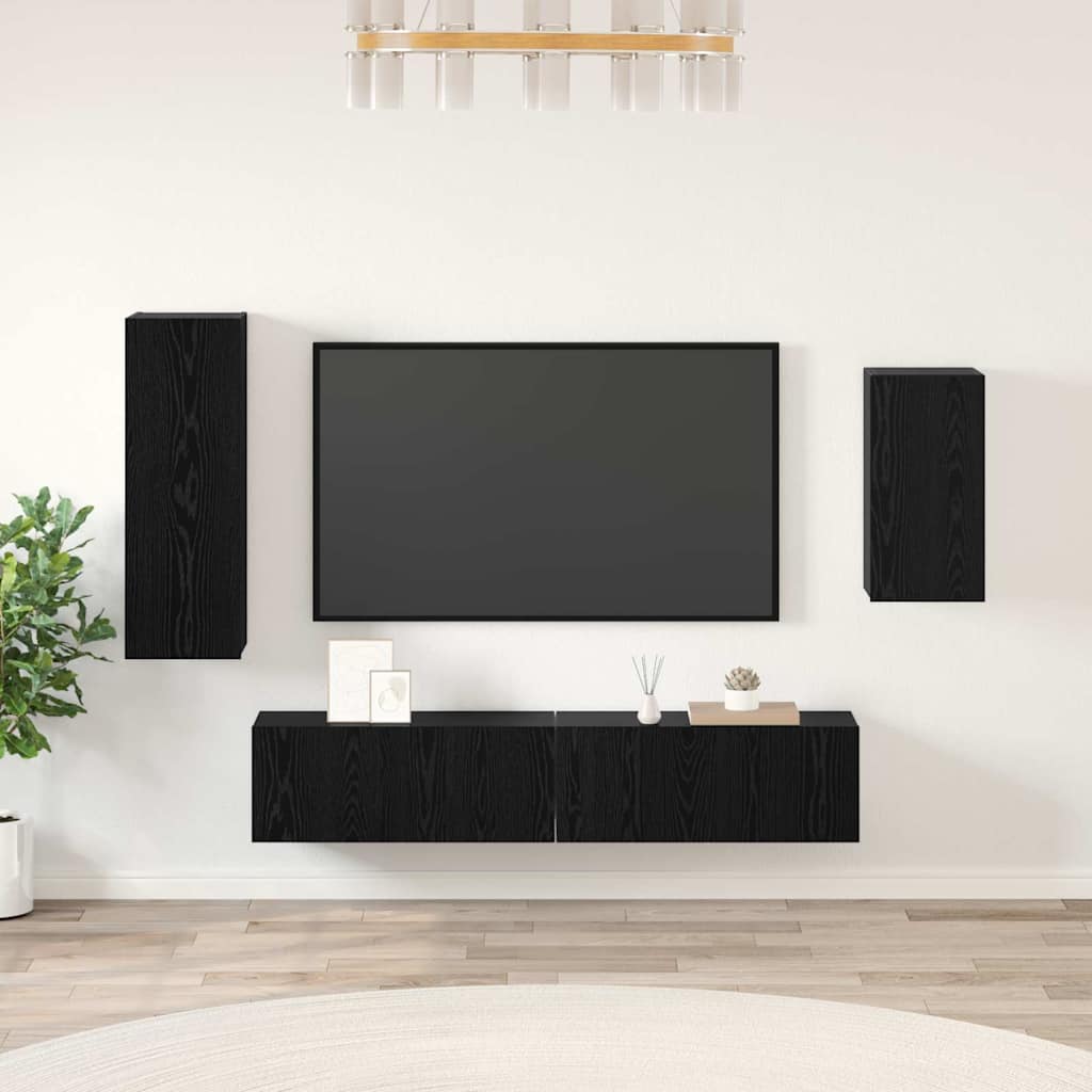 TV Cabinet Set Wall-mounted 4 pcs Black Oak Engineered Wood