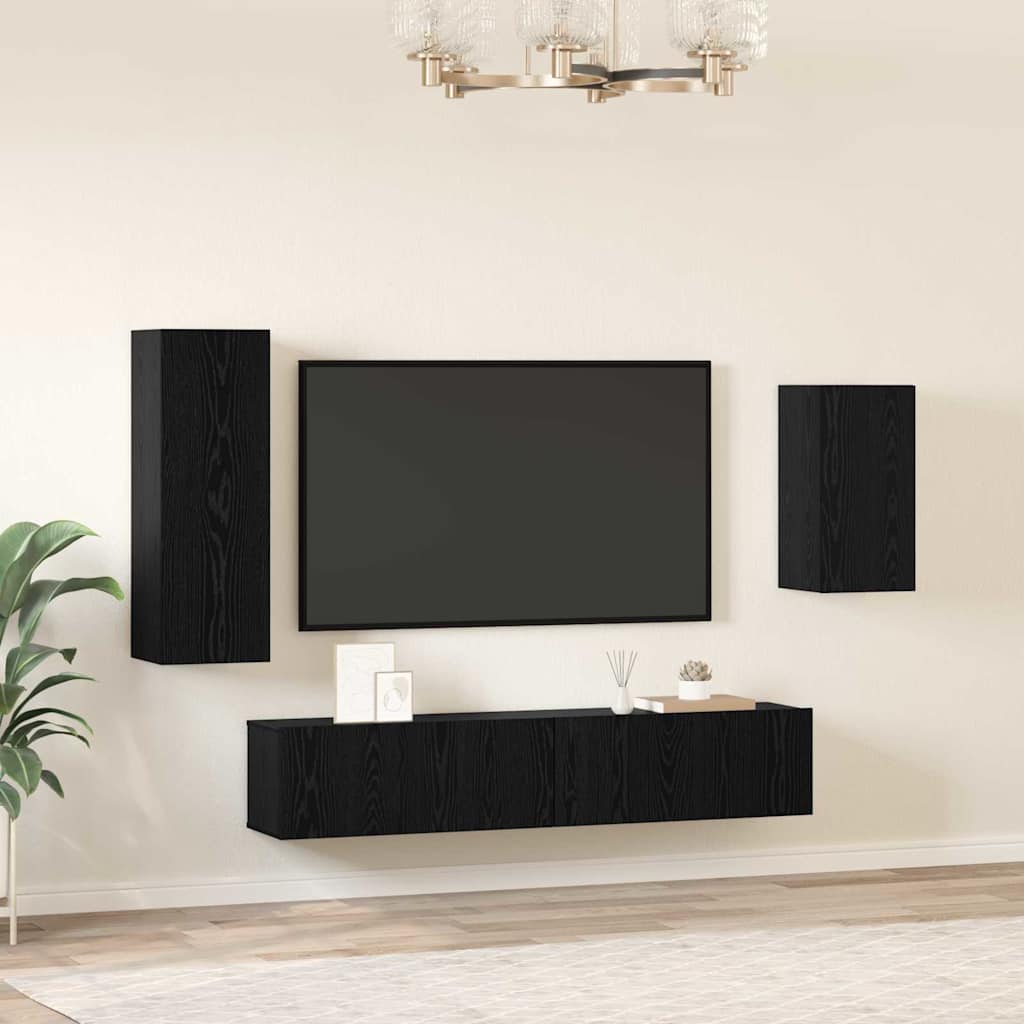 TV Cabinet Set Wall-mounted 4 pcs Black Oak Engineered Wood