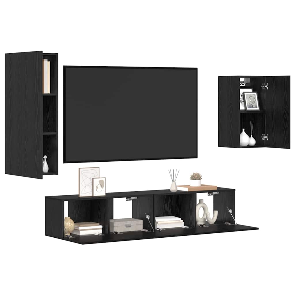 TV Cabinet Set Wall-mounted 4 pcs Black Oak Engineered Wood