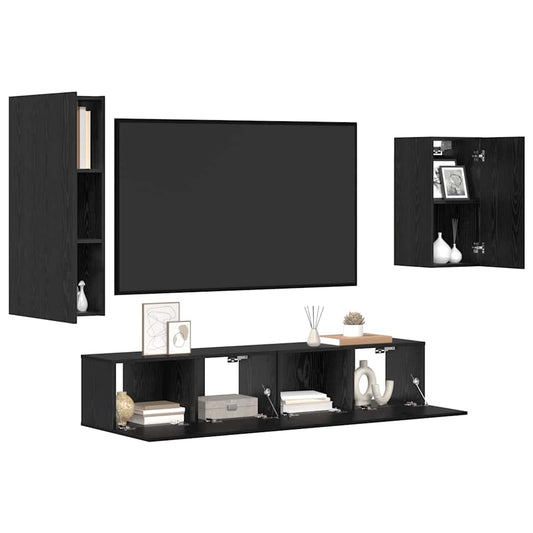 TV Cabinet Set Wall-mounted 4 pcs Black Oak Engineered Wood