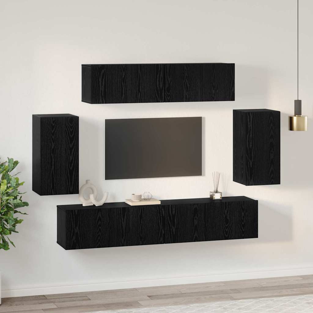 TV Cabinet Set Wall-mounted 6 pcs Black Oak Engineered Wood