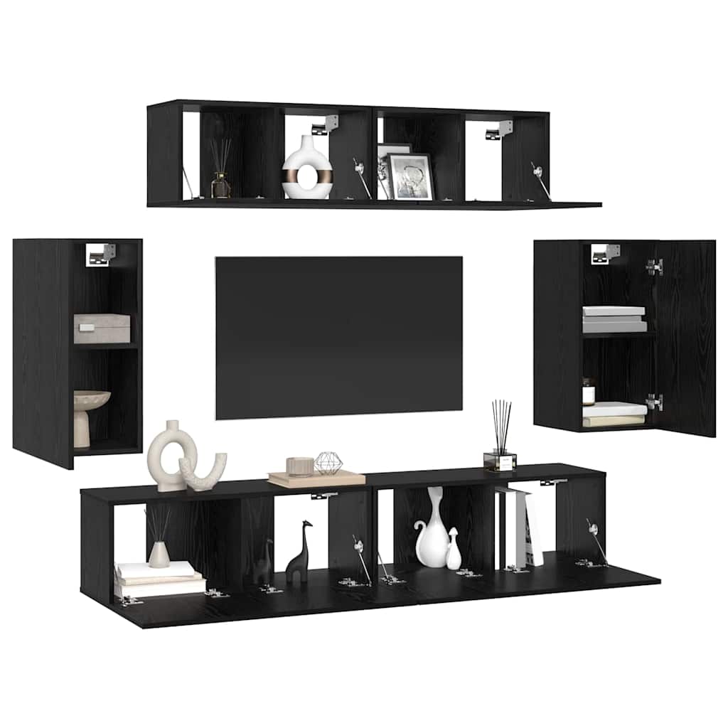 TV Cabinet Set Wall-mounted 6 pcs Black Oak Engineered Wood