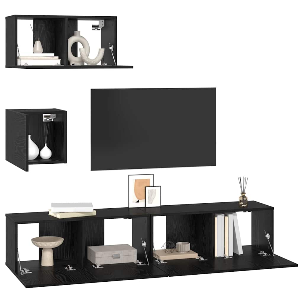 TV Cabinet Set Wall-mounted 4 pcs Black Oak Engineered Wood