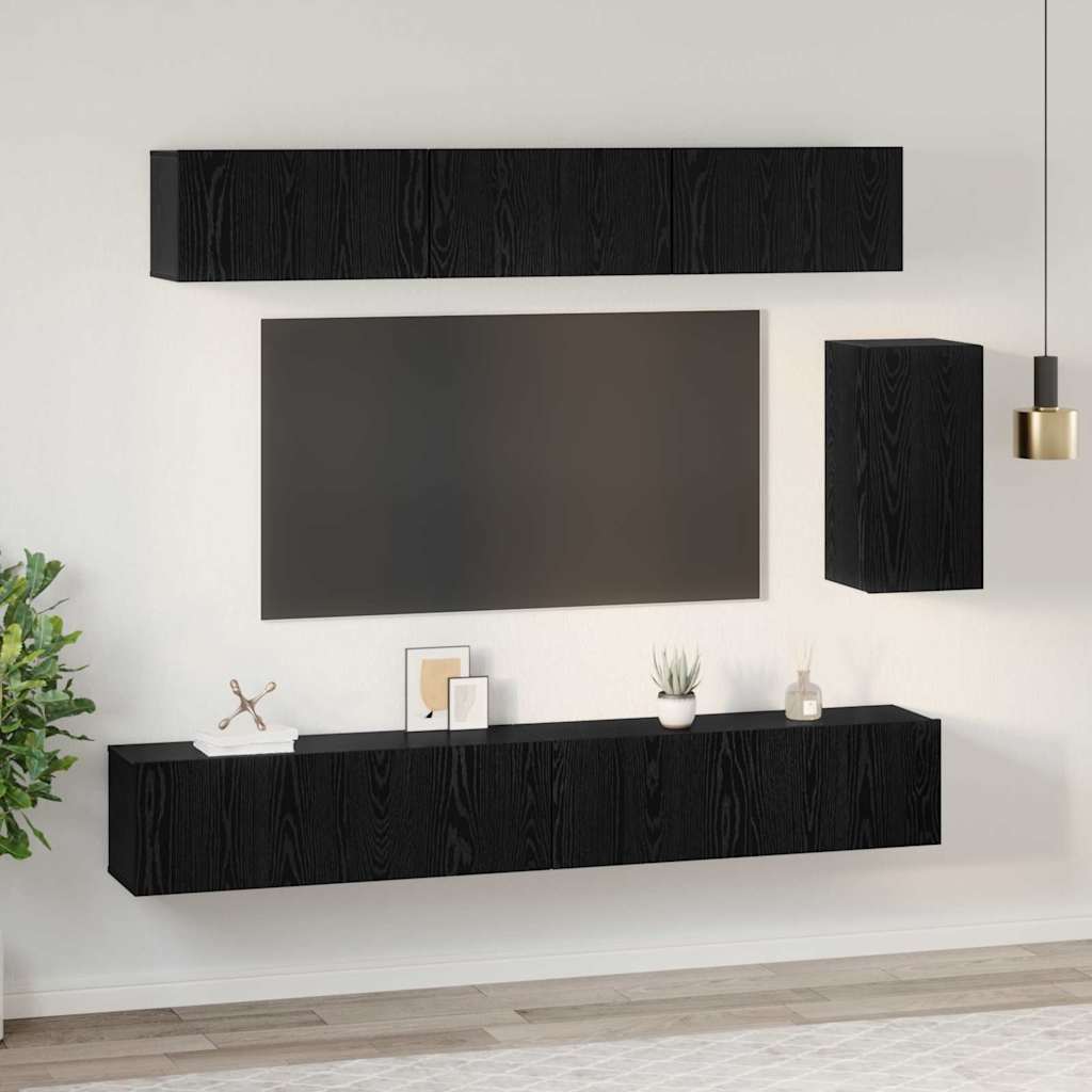 TV Cabinet Set with Drawer 6 pcs Black Oak Engineered Wood
