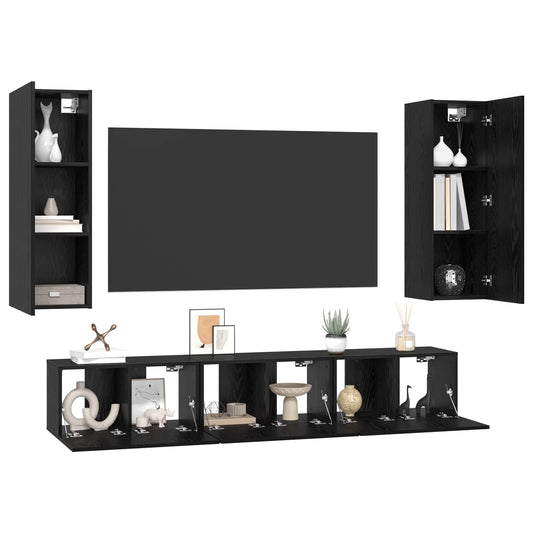 TV Cabinet Set Wall-mounted 5 pcs Black Oak Engineered Wood