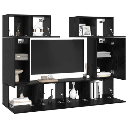 TV Cabinet Set Wall-mounted 6 pcs Black Oak Engineered Wood