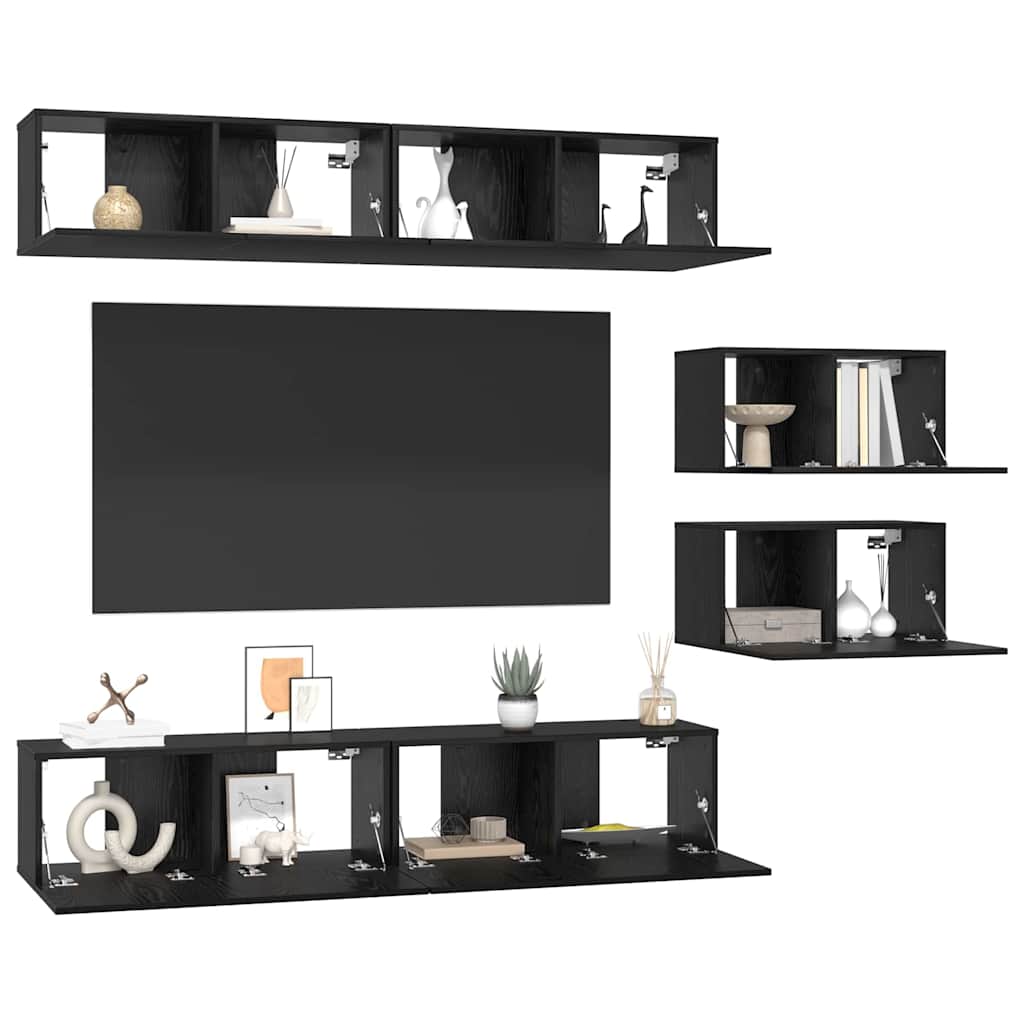 TV Cabinet Set Wall-mounted 6 pcs Black Oak Engineered Wood