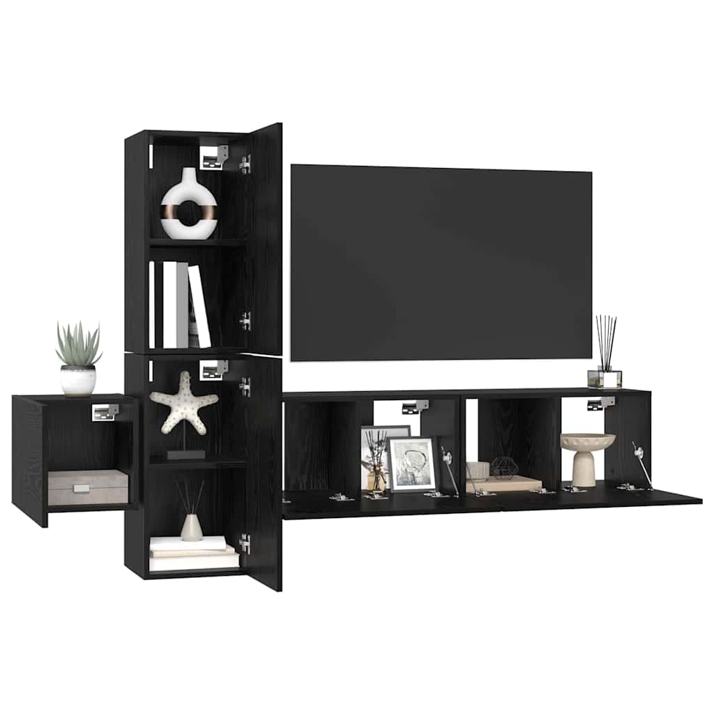 TV Cabinet Set Wall-mounted 5 pcs Black Oak Engineered Wood