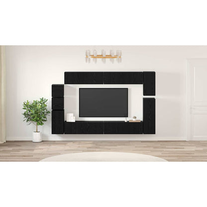 TV Cabinet Set Wall-mounted 9 pcs Black Oak Engineered Wood