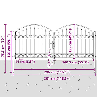 Fence Gate ASSEN 301 x 175.5 cm Steel Grey Lockable