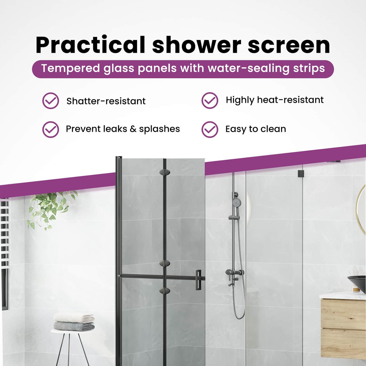 Walk-In Shower Wall Folding Black 80 x 6.5 x 190 cm