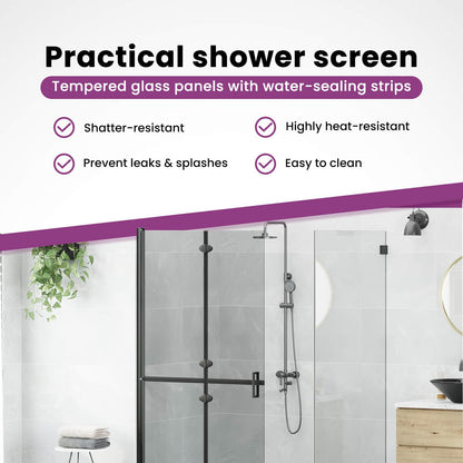Walk-In Shower Wall Folding Black 90 x 6.5 x 190 cm
