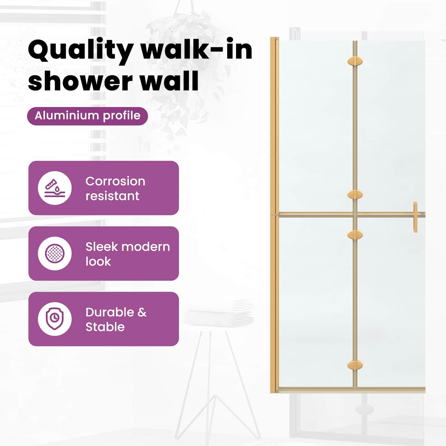 Walk-In Shower Wall Folding Gold 90 x 6.5 x 190 cm