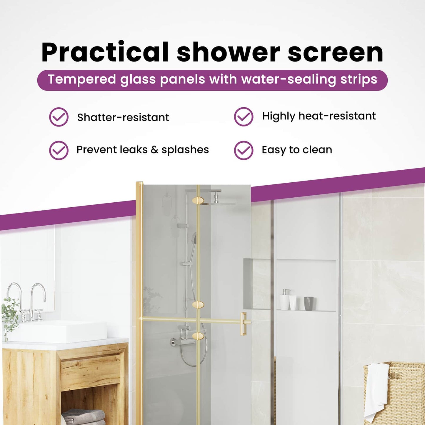 Walk-In Shower Wall Folding Gold 90 x 6.5 x 190 cm