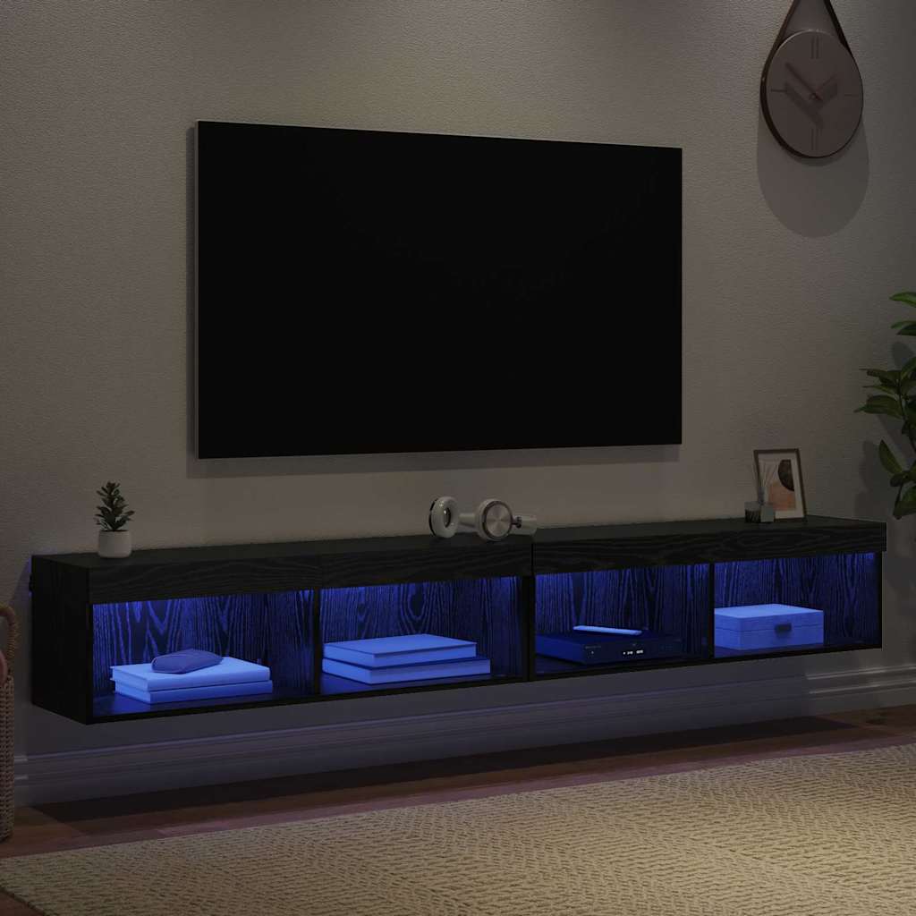 TV Cabinet Set with LED Wall-mounted Black Oak Engineered Wood