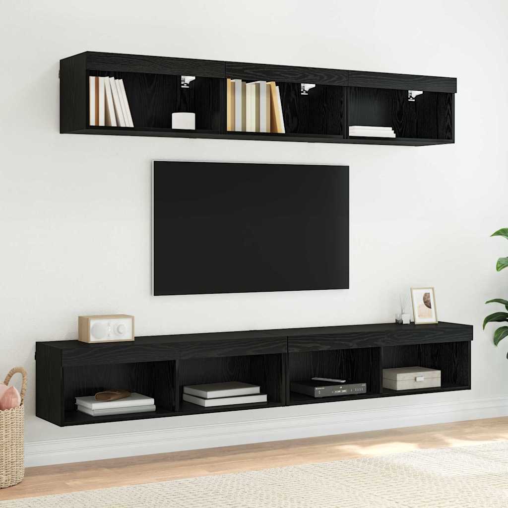 TV Cabinet Set with LED Wall-mounted Black Oak Engineered Wood