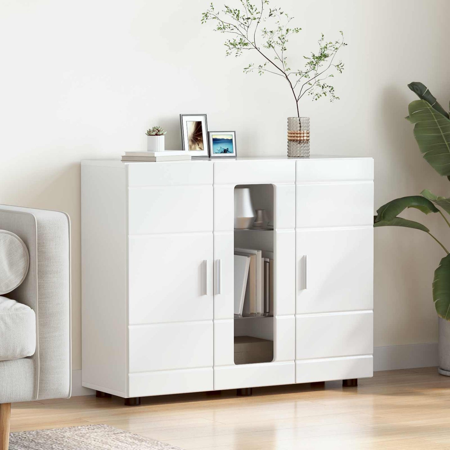 Wooden Cabinet High Gloss White Engineered Wood