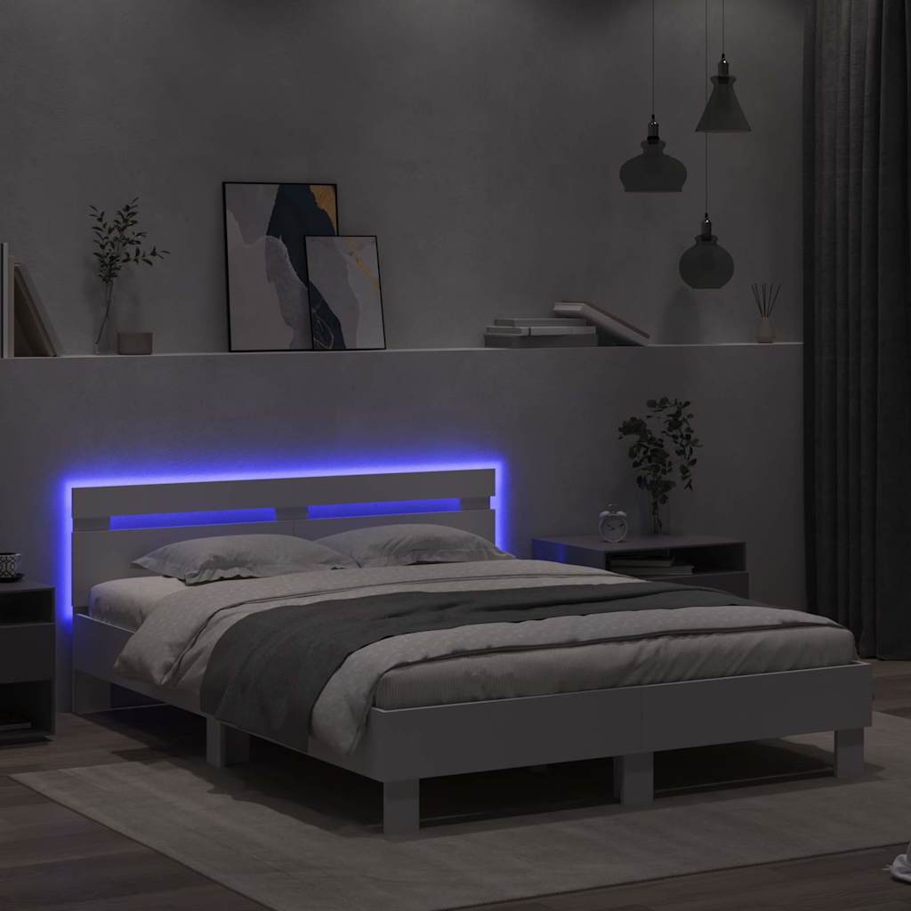 Bed Frame with LED White 152 x 203 cm Engineered Wood