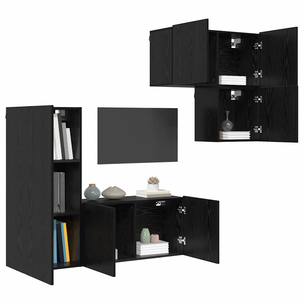 TV Cabinet Wall-mounted 4 pcs Black Oak Engineered Wood