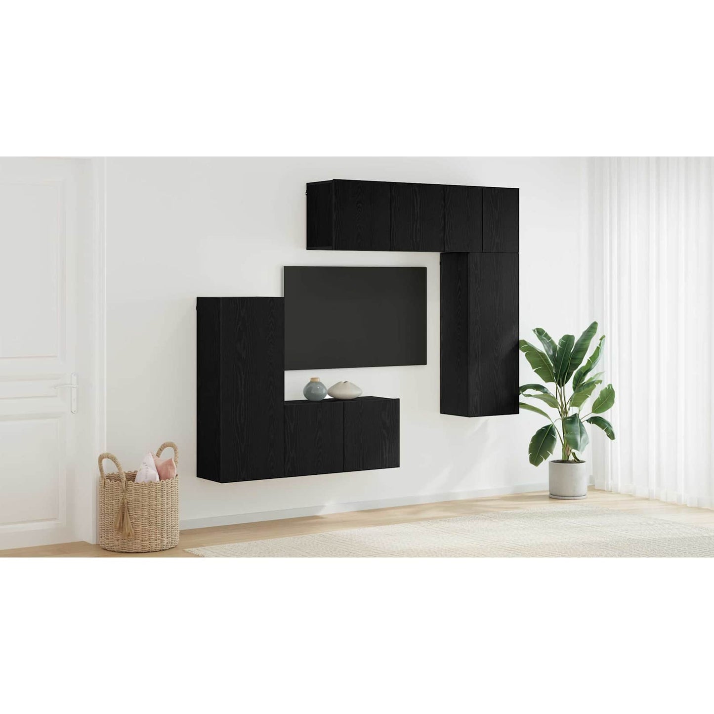 TV Wall Unit Wall-mounted 5 pcs Black oak Engineered Wood