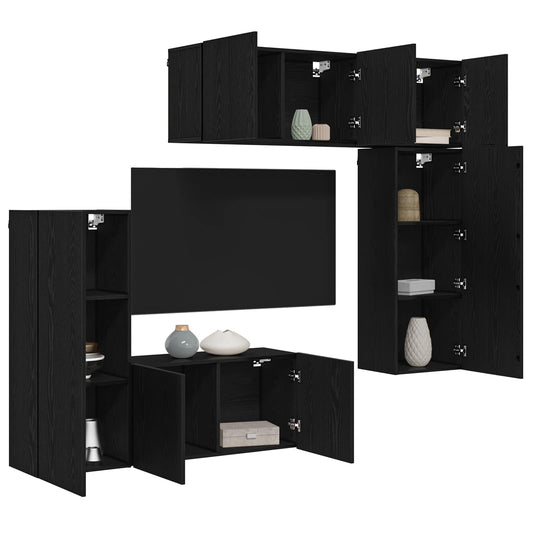 TV Wall Unit Wall-mounted 5 pcs Black oak Engineered Wood