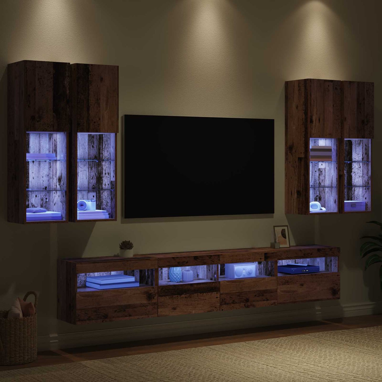 TV Wall Cabinet Set with LED Lights with LED 7 pcs Old Wood
