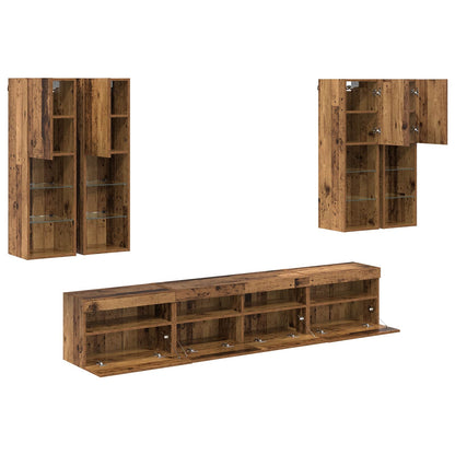 TV Wall Cabinet Set with LED Lights with LED 7 pcs Old Wood