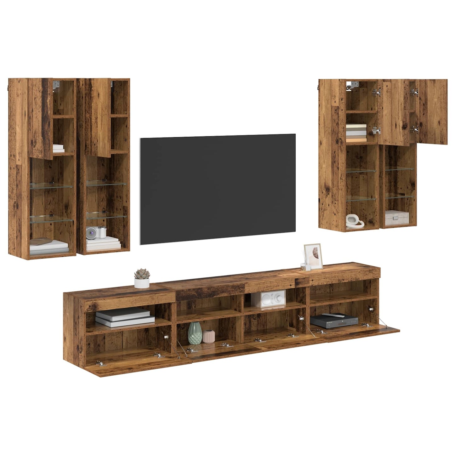 TV Wall Cabinet Set with LED Lights with LED 7 pcs Old Wood