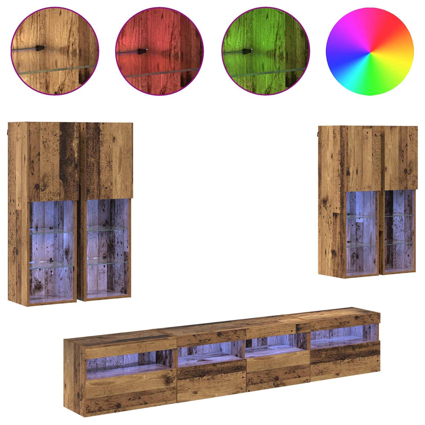 TV Wall Cabinet Set with LED Lights with LED 7 pcs Old Wood