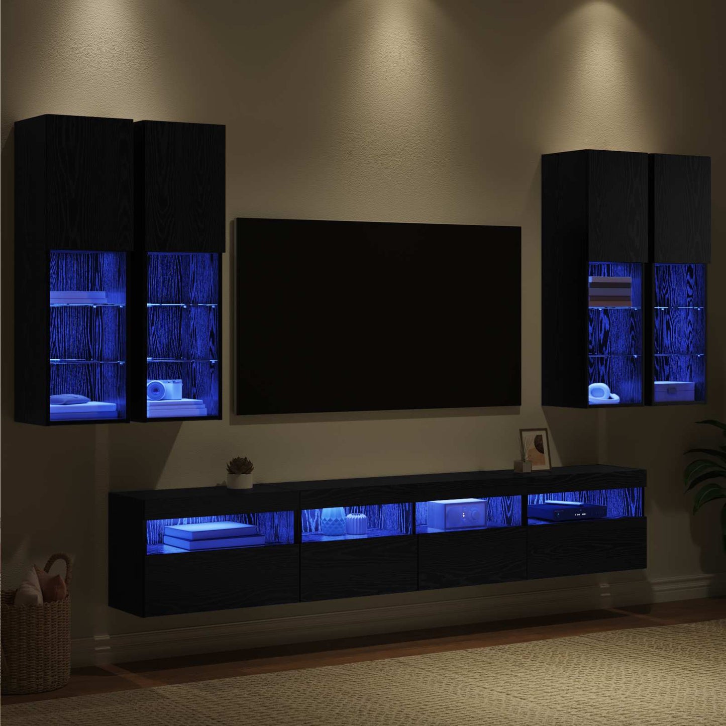 TV Wall Cabinet Set with LED Lights with LED 7 pcs Black Oak