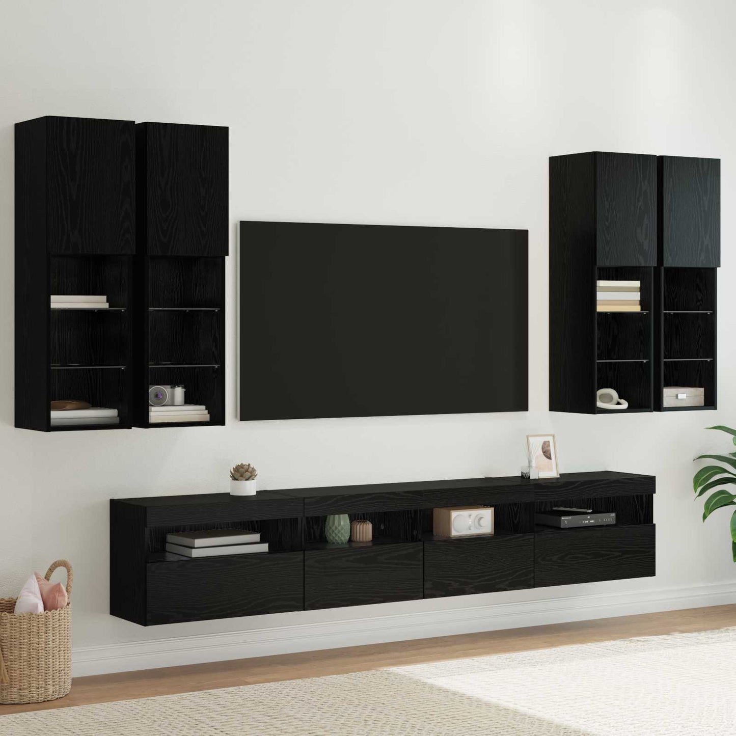TV Wall Cabinet Set with LED Lights with LED 7 pcs Black Oak