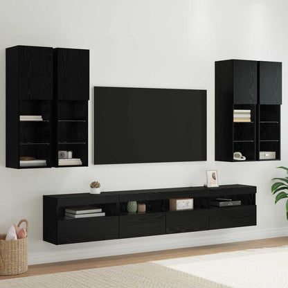 TV Wall Cabinet Set with LED Lights with LED 7 pcs Black Oak