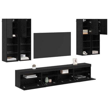 TV Wall Cabinet Set with LED Lights with LED 7 pcs Black Oak