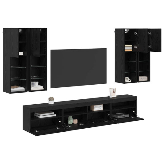 TV Wall Cabinet Set with LED Lights with LED 7 pcs Black Oak