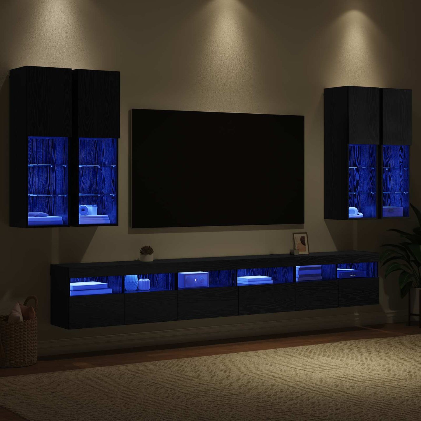 TV Wall Cabinet Set 7 pcs Black Oak Engineered Wood