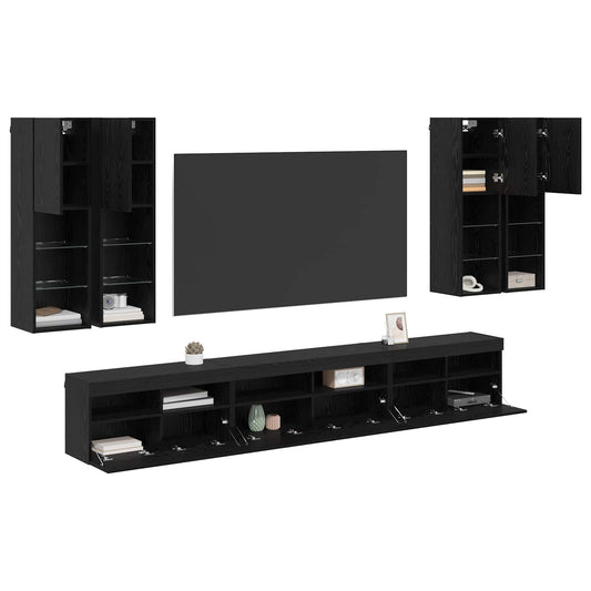 TV Wall Cabinet Set 7 pcs Black Oak Engineered Wood
