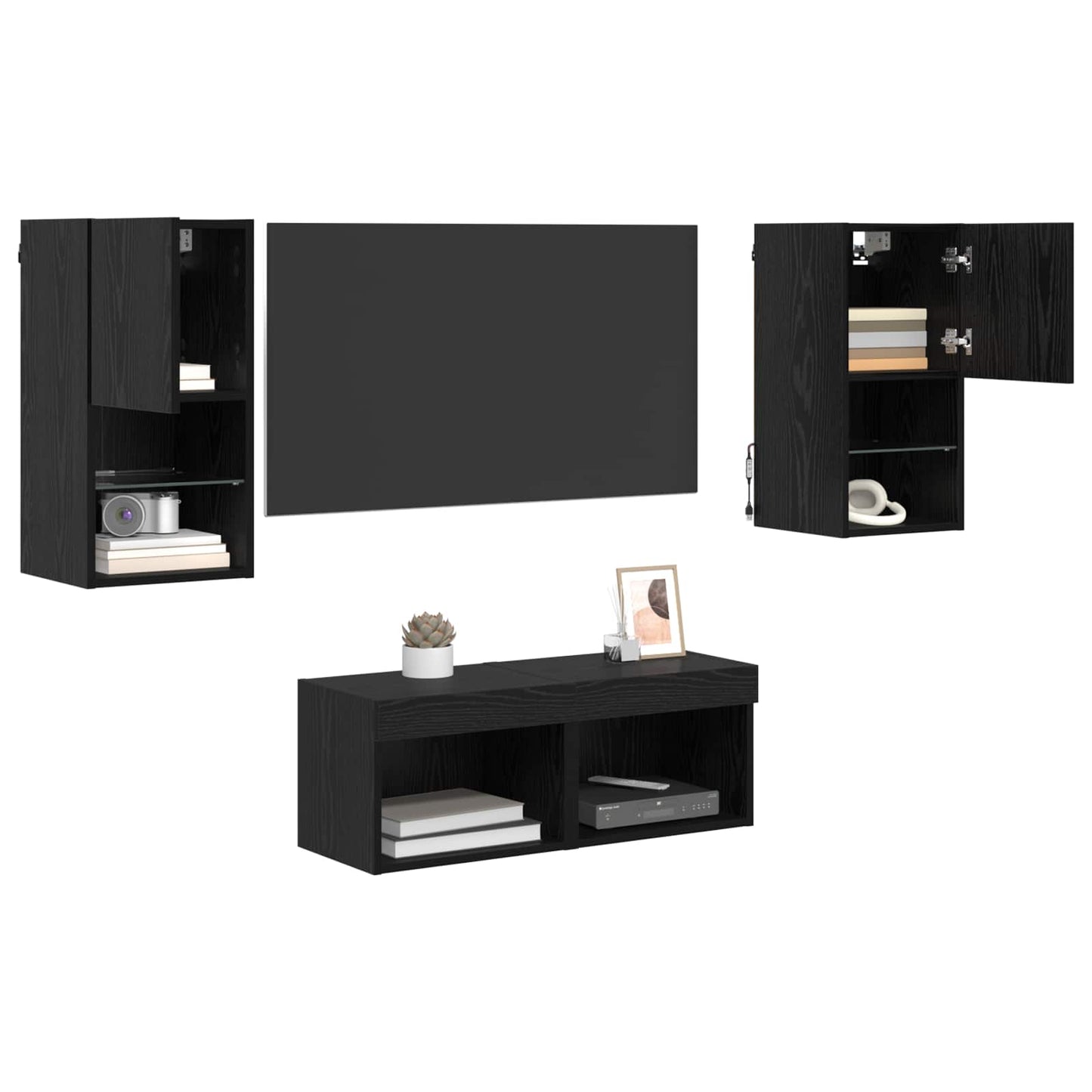TV Wall Cabinets Wall-mounted 4 pcs Black Oak Engineered Wood