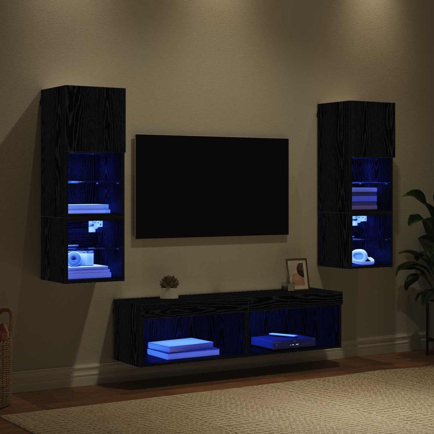 TV Wall Unit Wall-mounted 6 pcs Black Oak Engineered Wood