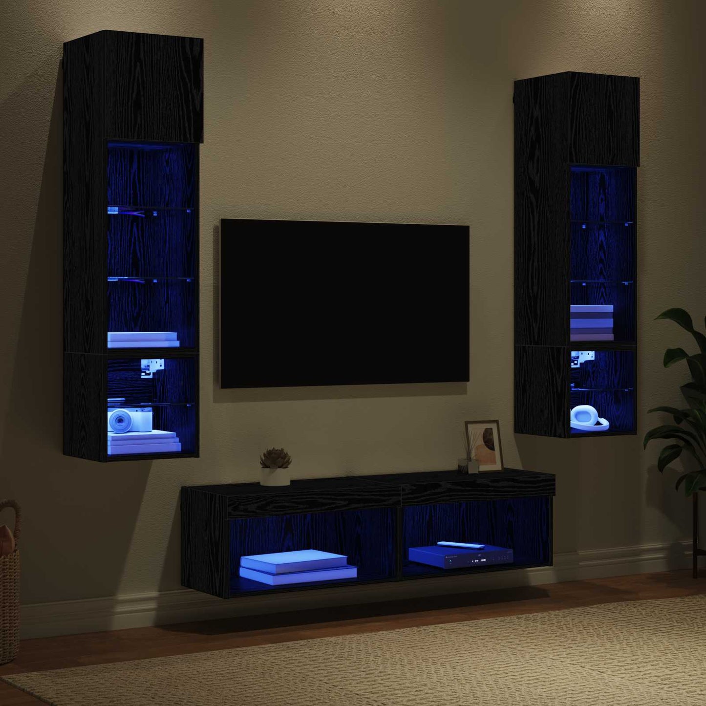TV Wall Unit Wall-mounted 6 pcs Black Oak Engineered Wood