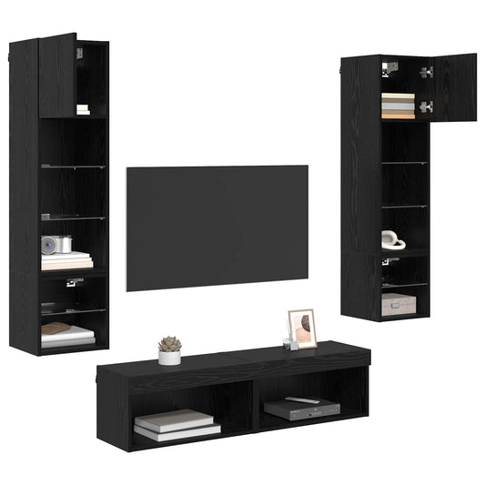TV Wall Unit Wall-mounted 6 pcs Black Oak Engineered Wood