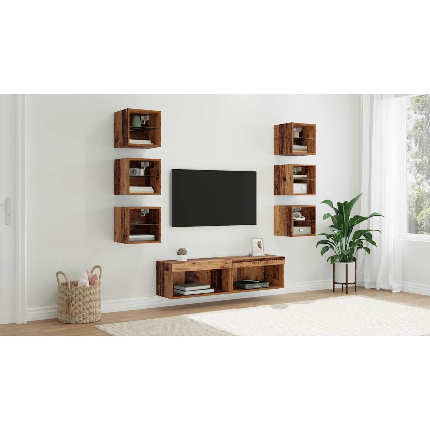 TV Cabinet with LED Strip Lights 8 pcs Old Wood Glass