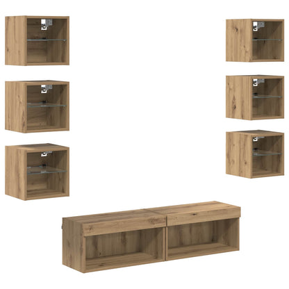 TV Cabinet with LED Strip Lights 8 pcs Artisan Oak Glass